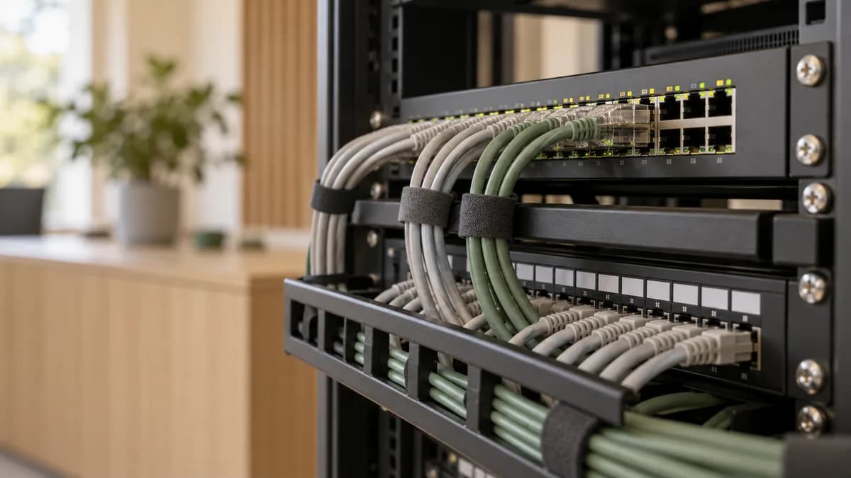 Genrebild: nätverksswitch och patchpanel med ordnade kablar.